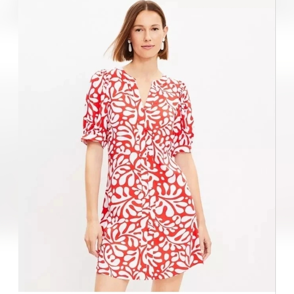 NWOT ANN TAYLOR LOFT Rio Floral Balloon Sleeve Button Swing Dress Red S  $89.95